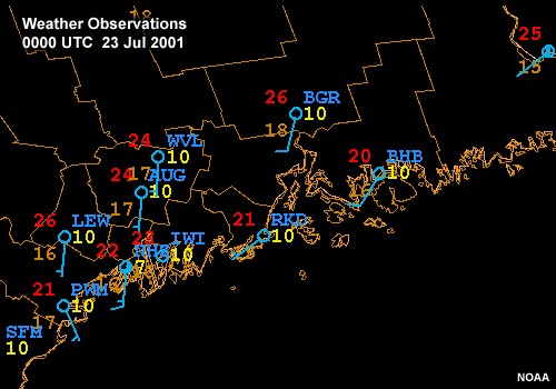 Weather observations along the coast of Maine 0000 UTC to 1000 UTC 23 Jul 2001