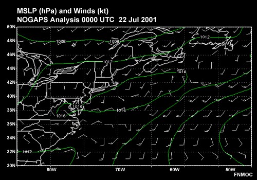 MSLP (hPa) and Winds (kt) over the Eastern U.S. and offshore over the NW Atlantic Ocean NOGAPS Analyses:  0000 UTC 22 Jul 2001 1200 UTC 22 Jul 2001 0000 UTC 23 Jul 2001 1200 UTC 23 Jul 2001