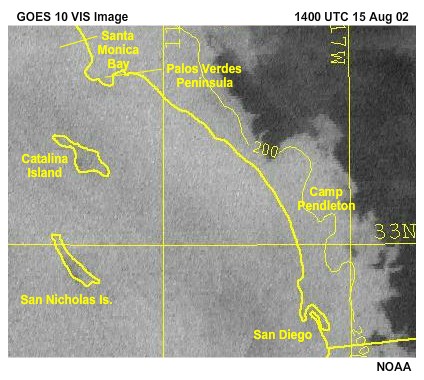 flash animation of seabreeze affect on fog over california coast from GOEs-10 vis imagery