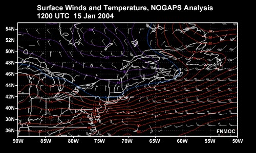 NOGAPS surface winds and temperature for 12 15 jan 2004 and  00 and 12 UTC 16 jan 2004