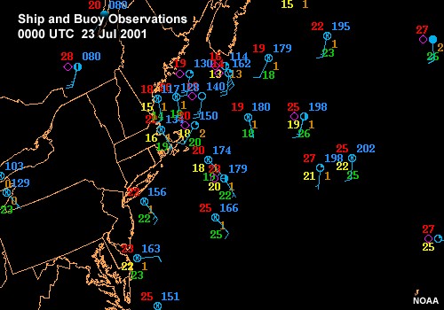 Weather observations from ships and buoys offshore of the northeastern U.S. 0000 UTC to 1000 UTC 23 Jul 2001