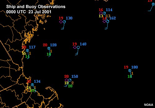 Weather observations from ships and buoys offshore of the northeastern U.S. in the Gulf of Maine 0000 UTC to 1000 UTC 23 Jul 2001