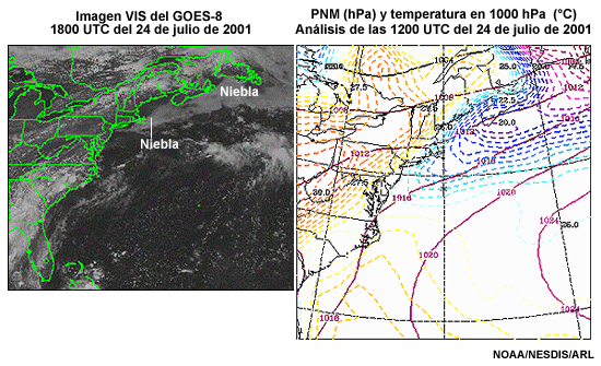 Imagen en el visible en la izquierda y el correspondiente campo de temperatura Eta en la derecha