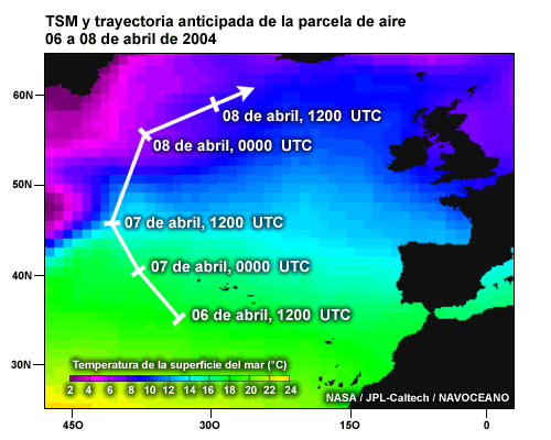 Mapa de TSM en el Atlántico Norte el 7 de abril de 2004 con trayectoria de la parcela superpuesta