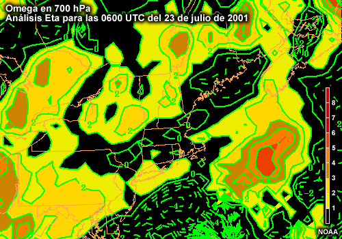 Omega en 700 hPa sobre Nueva Inglaterra y las regiones adyacentes del Atlántico, análisis Eta para las 0600 UTC del 23 de julio de 2001
