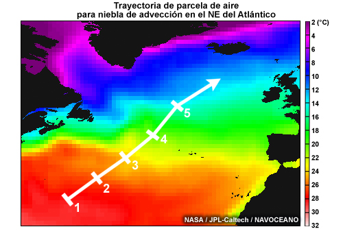 TSM en el noreste del Atlántico con trayectoria superpuesta