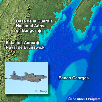 Mapa de relieve sombreado de Nueva Inglaterra y zonas de mar contiguas a la Base de Guardia Nacional Aérea Bangor, la Estación Aérea Naval de Nuevo Brunswick y una aeronave P-3 Orión