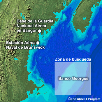 Mapa de relieve sombreado de Nueva Inglaterra y zonas de mar contiguas al área de búsqueda de las aeronaves P-3 Orión de la Base de Guardia Nacional Aérea Bangor y la Estación Aérea Naval de Nuevo Brunswick