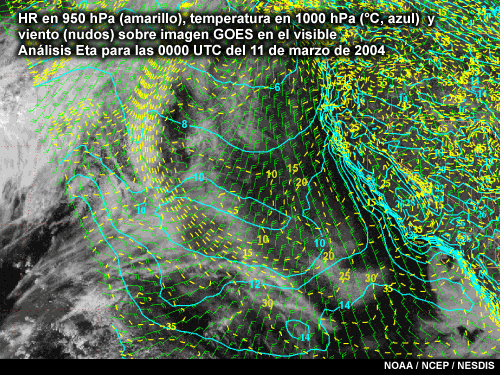 HR en 950 hPa (amarillo), temperatura en 1000 hPa (°C, azul)  y viento (nudos) sobre imagen GOES en el visible, análisis Eta para las 0000 UTC del 11 de marzo de 2004