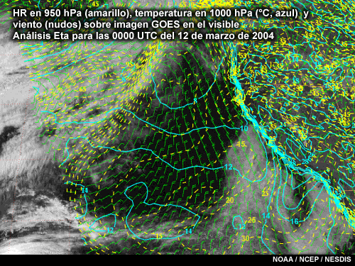HR en 950 hPa (amarillo), temperatura en 1000 hPa (°C, azul)  y viento (nudos) sobre imagen GOES en el visible, análisis Eta para las 0000 UTC del 12 de marzo de 2004