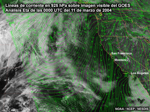 Análisis Eta de vientos en 925 hPa superpuestos a una imagen del GOES 10 en el visible para las 0000 UTC del 11 de marzo de 2004