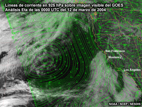 Análisis Eta de vientos en 925 hPa superpuestos a una imagen del GOES 10 en el visible para las 0000 UTC del 12 de marzo de 2004