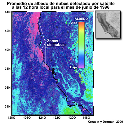 Promedio de albedo de nubes detectado por satélite que acompaña las simulaciones numéricas y mediciones de divergencia y convergencia costera en la costa de California