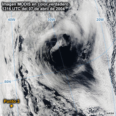 Imagen MODIS de 4 km del Atlántico oriental en color verdadero, 1315 UTC del 07 de abril de 2004