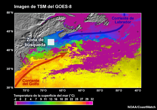 Imagen de TSM del GOES-8 con indicación de la zona de búsqueda del escenario de introducción de la lección, 24 de julio de 2001