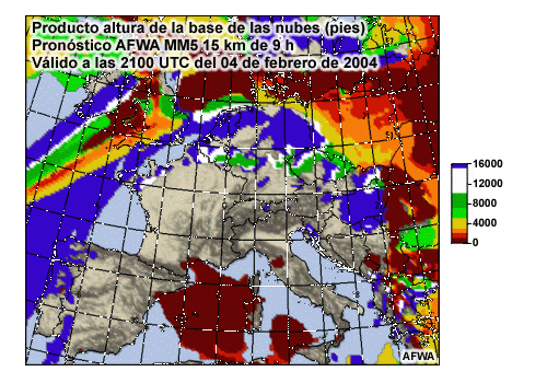 Ejemplo de un pronóstico de base de las nubes sobre el Mediterráneo del modelo MM5 de 15 km