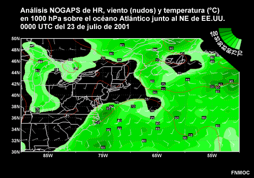 Análisis NOGAPS de HR, viento (nudos) y temperatura (C) en 1000 hPa sobre el océano Atlántico junto al NE de EE. UU. 0000 UTC del 23 de julio de 2001