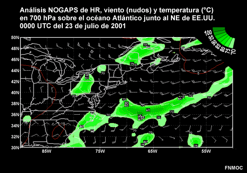 Análisis NOGAPS de HR, viento (nudos) y temperatura (C) en 700 hPa sobre el océano Atlántico junto al NE de EE. UU. 0000 UTC del 23 de julio de 2001