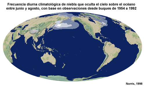 Frecuencia diurna climatológica de niebla que oculta el cielo sobre el océano entre julio y agosto, con base en observaciones desde buques de 1954 a 1992
