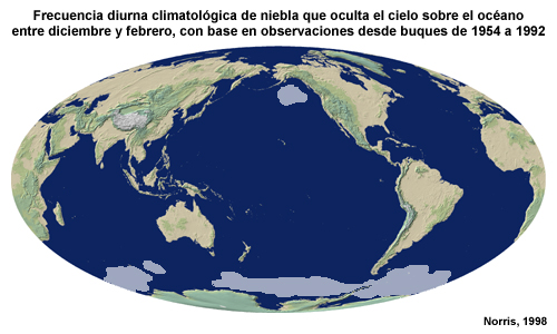 Frecuencia diurna climatológica de niebla que oculta el cielo sobre el océano entre diciembre y febrero, con base en observaciones desde buques de 1954 a 1992