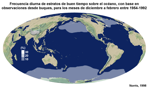 Frecuencia diurna de estratos de buen tiempo sobre el océano, con base en observaciones desde buques, para los meses de diciembre a febrero entre 1954-1992