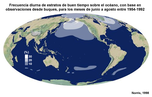Frecuencia diurna de estratos de buen tiempo sobre el océano, con base en observaciones desde buques, para los meses de junio a agosto entre 1954-1992