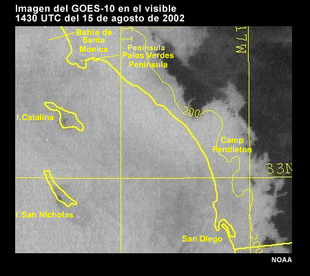 Imagen del GOES-10 en el visible de niebla en la costa de California