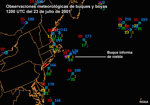 Observaciones meteorológicas de buques y boyas junto a la costa del NE de EE. UU. para las 1200 UTC del 23 de julio de 2001