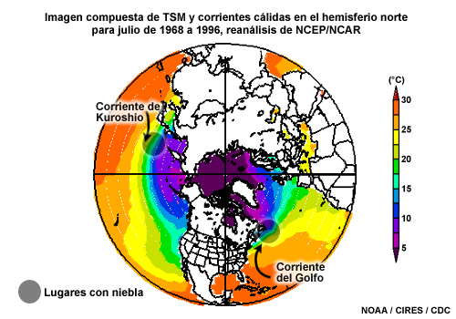 Patrones de TSM y corrientes oceánicas cálidas para julio en el hemisferio norte, 1968-1996, reanálisis NCEP/NCAR