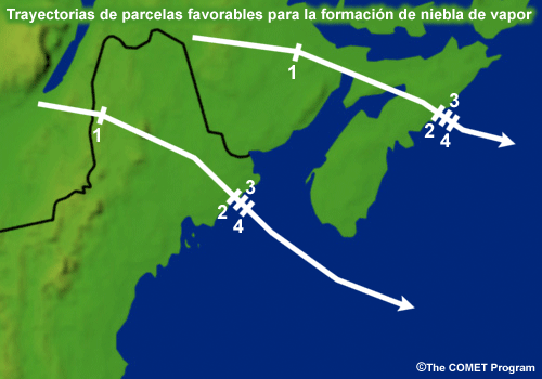 Mapa con dos trayectorias de burbujas favorables para la formación de niebla de vapor