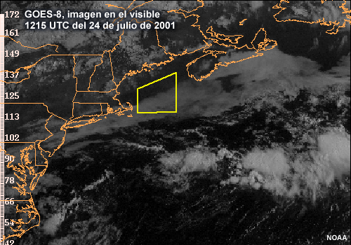 Imagen en el visible del GOES-8 sobre el océano Atlántico al este del NE de EE. UU., 1215 UTC del 24 de julio de 2001