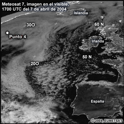 Imagen Meteosat 7 en el visible sobre el Atlántico oriental, 1700 UTC del 7 de abril de 2004