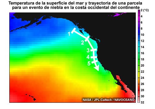 Típica trayectoria de niebla junto a la costa del Pacífico en América del Norte