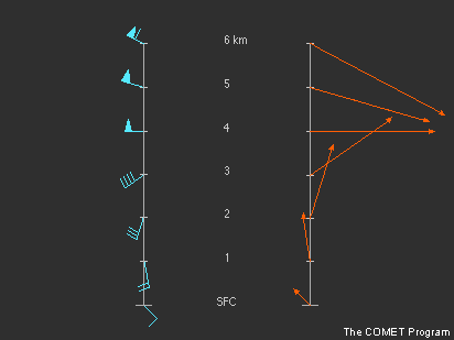 Comparaison des barbules de vent et des vecteurs vent dans un profil de vent vertical