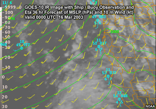 GOES-10 IR Image with Ship / Buoy Observations and Eta 24 hr Forecast of MSLP (hPa) and 10 m Wind (kt)