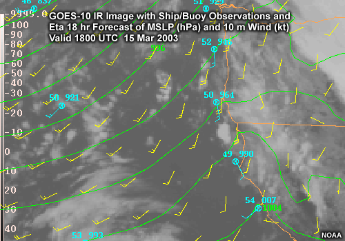 GOES-10 IR Image with Ship / Buoy Observations and Eta Forecast of MSLP (hPa) and 10 m Wind (kt)