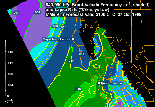 840-950 hPa Brunt Vaisala Frequency (s, shaded) and Lapse Rate (C/km, yellow). MM5 9 hr Forecast Valid 2100 UTC 27 Oct 1999.