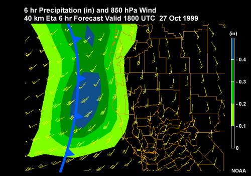 6 hr Precipitation (in) and Wind (kt) Eta 6 hr Forecast Valid 1800 UTC 27 Oct 1999 along the U.S. West Coast