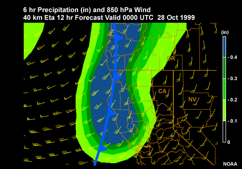 6 hr Precipitation (in) and Wind (kt) Eta 12 hr Forecast Valid 0000 UTC 28 Oct 1999 along the U.S. West Coast