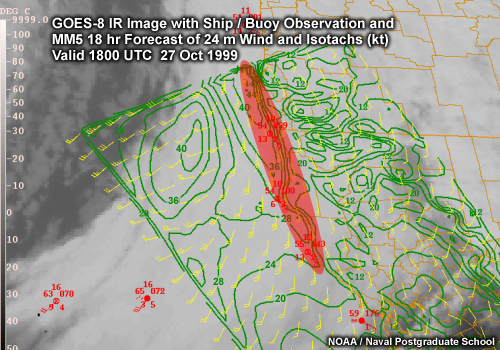 GOES-8 IR Image with Ship/Buoy Observations and MM5 18 hr Forecast of Wind and Isotachs (kt) Valid 1800 UTC 27 Oct 1999