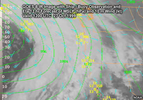 GOES-8 IR Image with Ship / Buoy Observations and Eta 12 hr Forecast of MSLP (hPa) and Wind (kt) Valid 1200 UTC 27 Oct 1999 along the U.S. West Coast