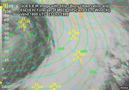 GOES-8 IR Image with Ship / Buoy Observations and Eta 18 hr Forecast of MSLP (hPa) and Wind (kt) Valid 1800 UTC 27 Oct 1999 along the U.S. West Coast