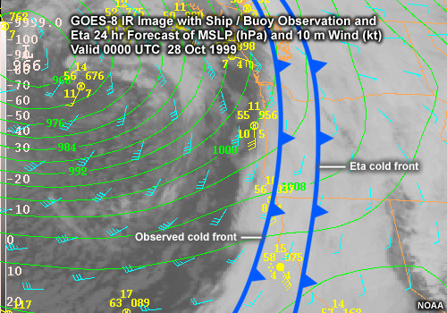 GOES-8 IR Image with Ship / Buoy Observations and Eta 24 hr Forecast of MSLP (hPa) and Wind (kt) Valid 0000 UTC 28 Oct 1999 along the U.S. West Coast