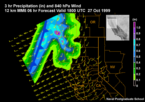 3 hr Precipitation (in) and Wind (kt) MM5 6 hr Forecast Valid 1800 UTC 27 Oct 1999 along the U.S. West Coast