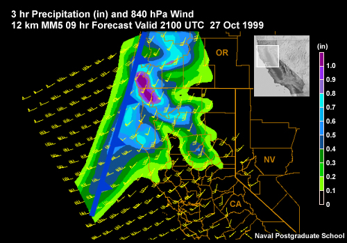 3 hr Precipitation (in) and Wind (kt) MM5 9 hr Forecast Valid 2100 UTC 27 Oct 1999 along the U.S. West Coast