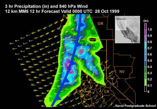 3 hr Precipitation (in) and Wind (kt) MM5 12 hr Forecast Valid 0000 UTC 28 Oct 1999 along the U.S. West Coast