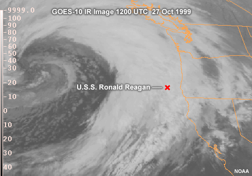 GOES 10 IR image 1200UTC 27 Oct 1999 over the U.S. West Coast showing an approaching cyclone and scenario location of the USS Ronald Reagan