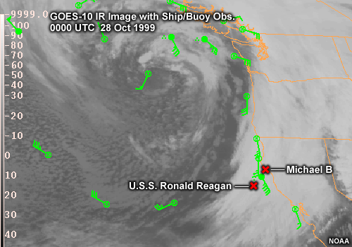 GOES-10 IR Image with Ship/Buoy Obs. 0000 UTC 28 Oct 1999