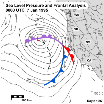 Sea level pressure and frontal analyses for 0000 UTC 7 January 1995 along the U.S. West Coast. 
