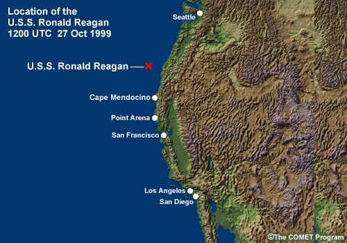 Shaded relief map of U.S. West Coast with location of U.S.S Ronald Reagan for module sceanrio.
